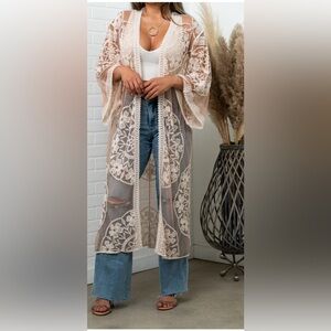 Pink/Cream Sheer Floral Lace Long Kimono